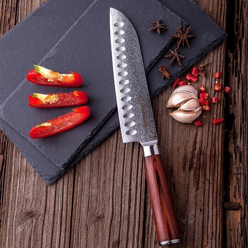 7-дюймовый нож Santoku из дамасской стали VG10, японский кухонный нож, кухонные принадлежности, деревянная ручка Pakka