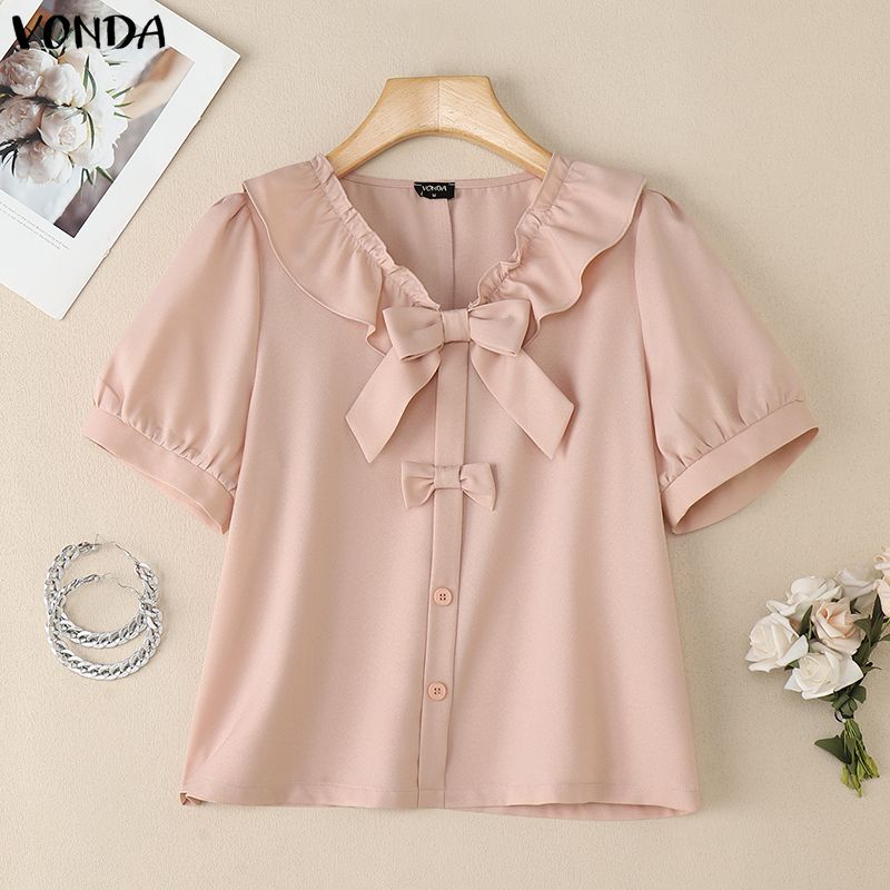VONDA Женская блузка с лацканами, короткими рукавами, пуговицами, бантом, повседневная, укороченная