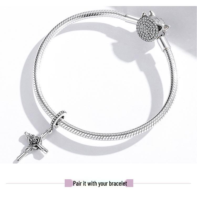 S925 Sterling Silver Rose Cross Pendant Bracelet with European & American Style Flower Beads