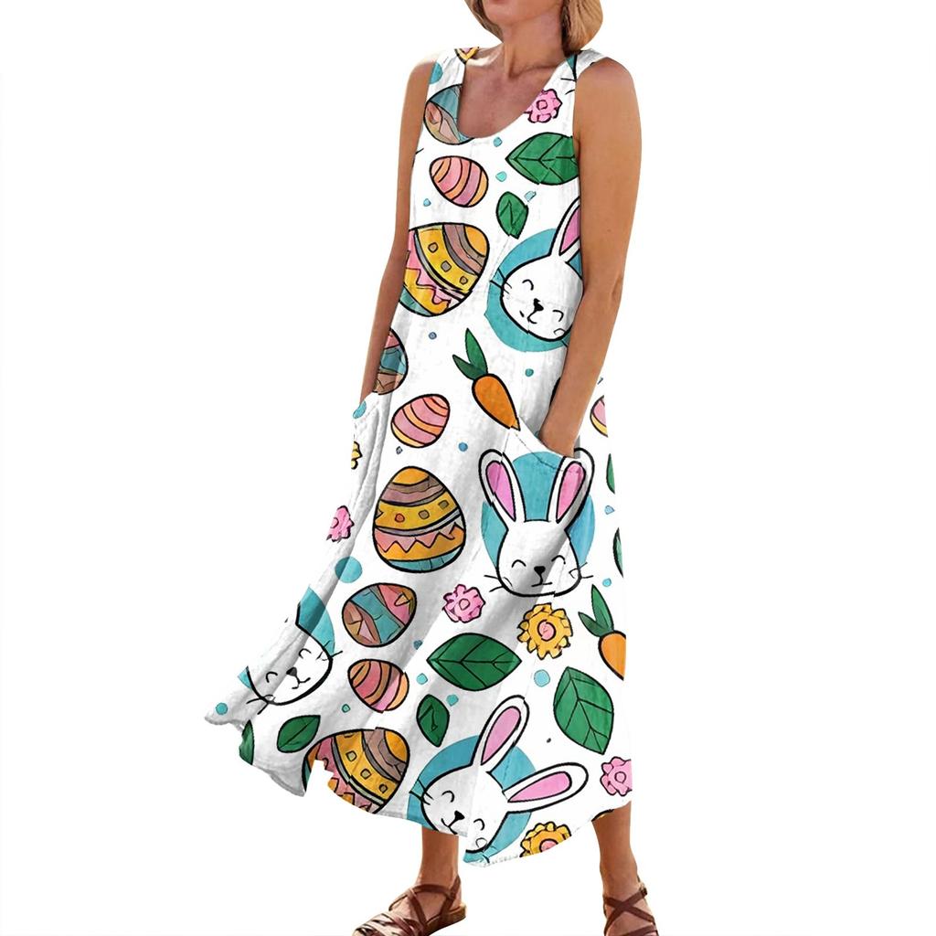 Women's Summer Casual Fashion Easter Printed Sleeveless Round Neck Pocket Dress