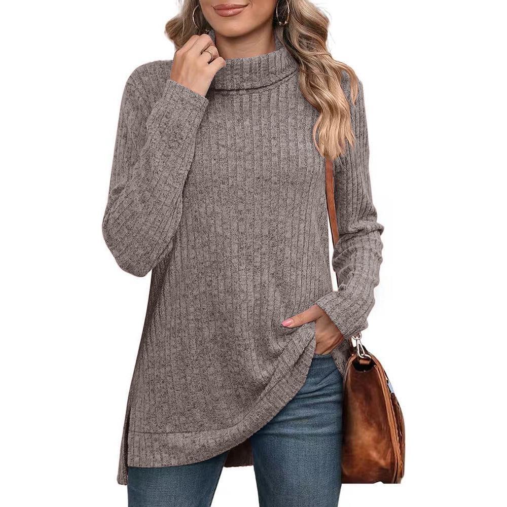 Women's Top Turtleneck Sweaters Side Slit Solid Color Pullovers Autumn and Winter Long Sleeve T-shirt Knitted Sweaters