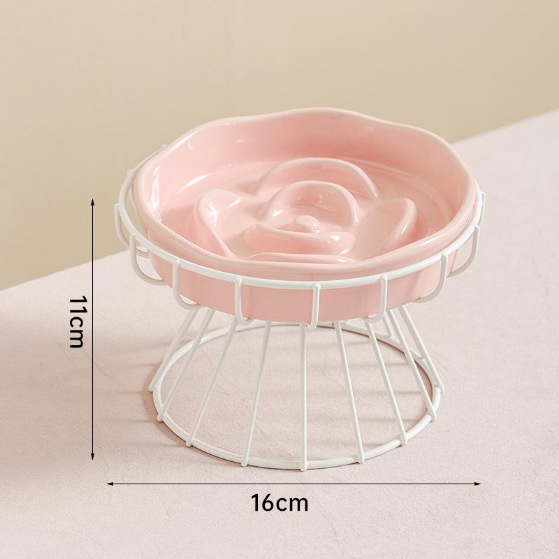 Ceramic Slow Feeder Dog Cat Bowl Flower Shaped Anti-Choking Pet Food Dish Protection Elevated Neck Feeder with Stand