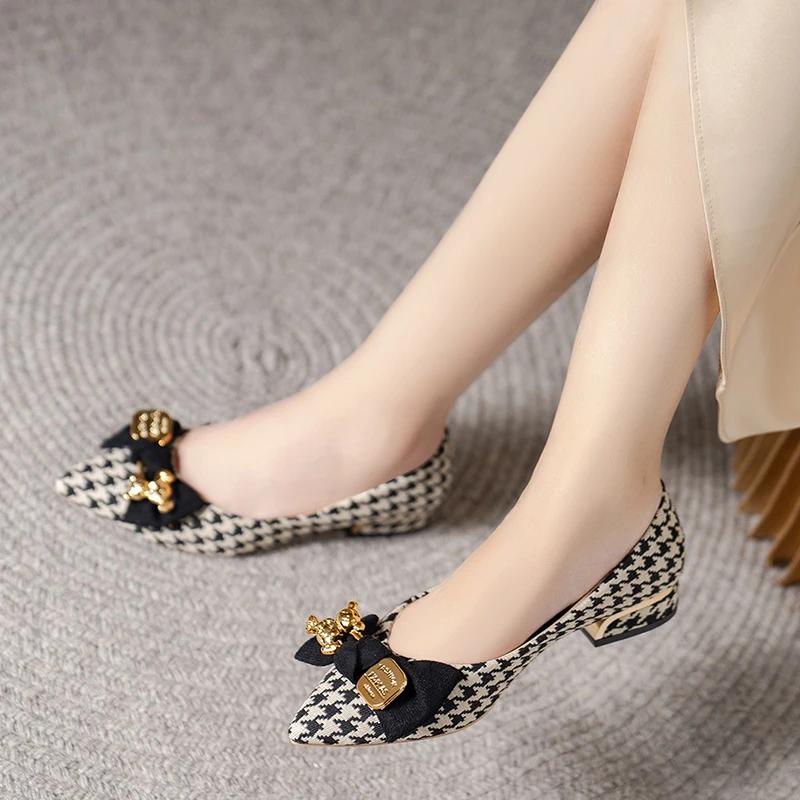 Shoes for Women New Slip On Women's Flats Autumn Pointed Toe Mixed Colors Houndstooth Butterfly-knot Shallow Mouth Shoes