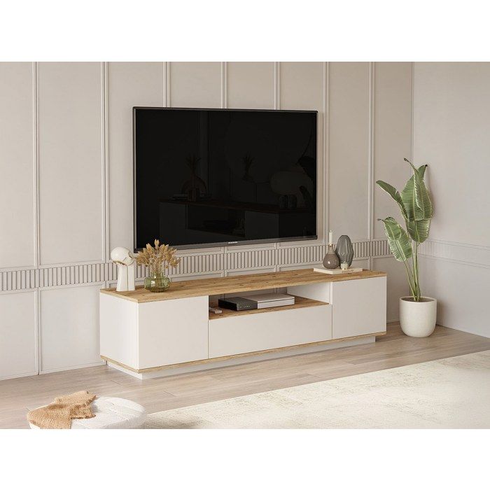 Meuble TV avec 3 portes et 1 niche - Beige et naturel - LOTULA