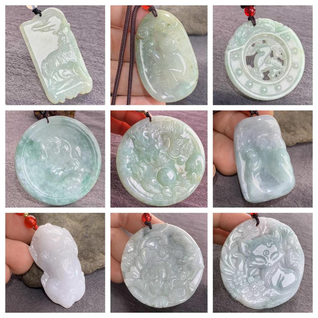 Подвеска из натурального бирманского жадеита класса А с фигурками лисы, тигра, цилиня и бодхисаттвы