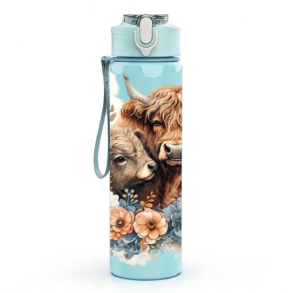1PC Highland Cow Wildflower Farm Print 750ml Color Plastic Sports Water Bottle Leakproof Flip Straw Lid Suitable for Sports Office Home Use