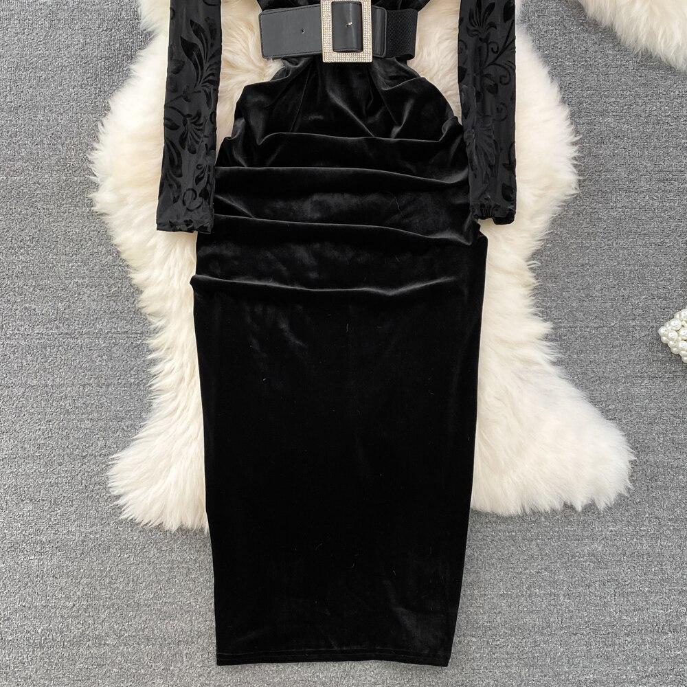 Autumn New Style of Celebrity Temperament V Neck Bronzing Printing High Waist Fold Stitching False Two Bag Hip Dress