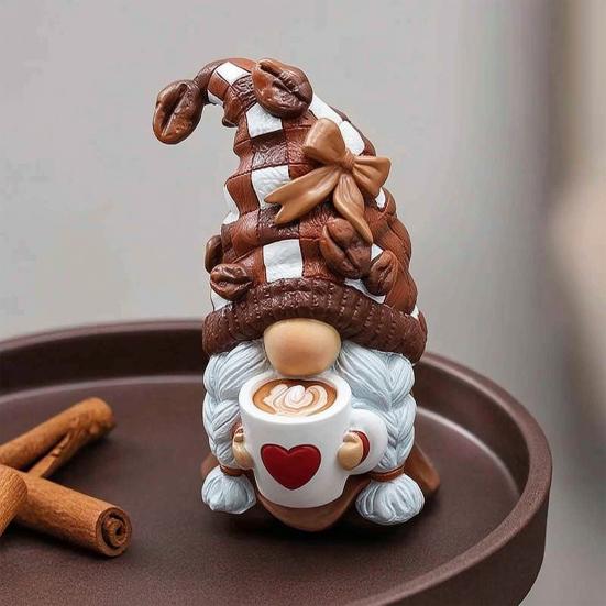 Фигурка Гнома, Пьющего Кофе, Статуэтка Гнома с Кофейной Кружкой, Ручная Работа, Скульптура Гнома из Смолы, Декор Кофейни, Подарки для Любителей Кофе
