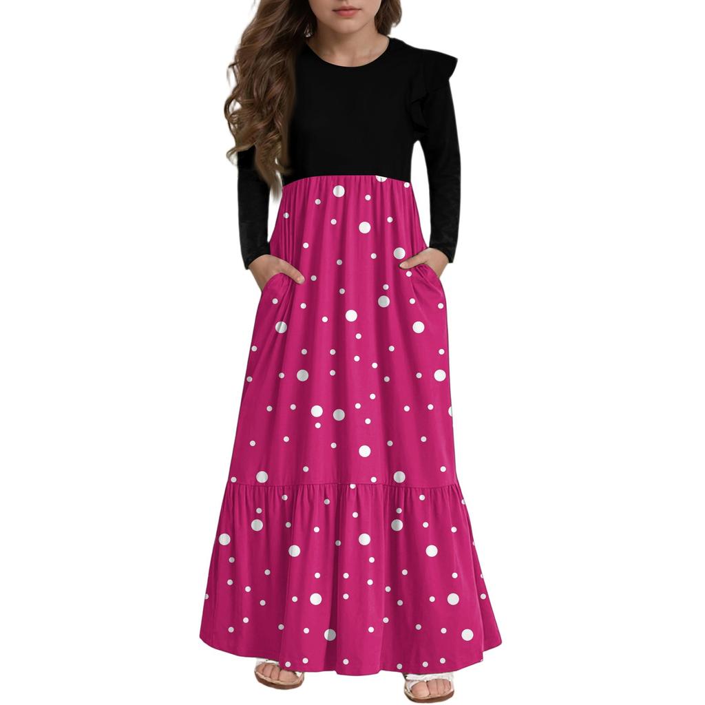 Girls' Tiered Ruffle Dress - Long Sleeve Printed Maxi With Pockets