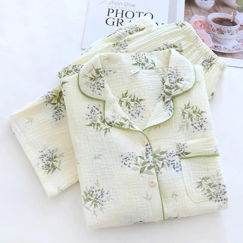 Новый женский пижамный комплект весна-осень 100% креп длинные рукава брюки отложной воротник принтованный кардиган домашняя одежда