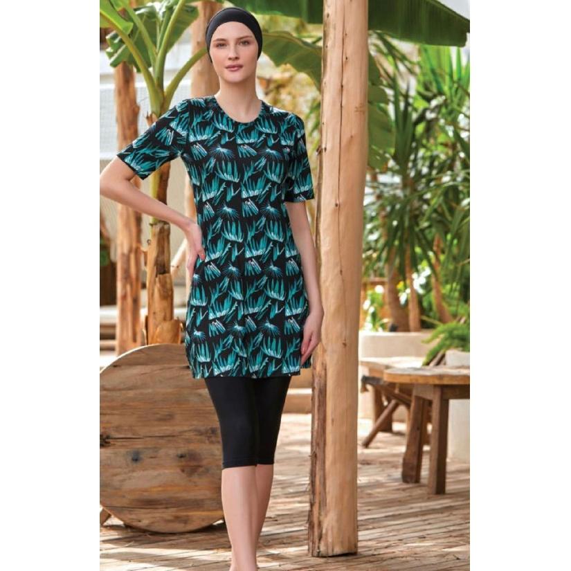 Летний цветочный купальный костюм 2025 с принтом - Комплект: туника с коротким рукавом и укороченные леггинсы - Мусульманский купальник - Пляжная одежда с защитой от УФ-лучей - Летний буркини