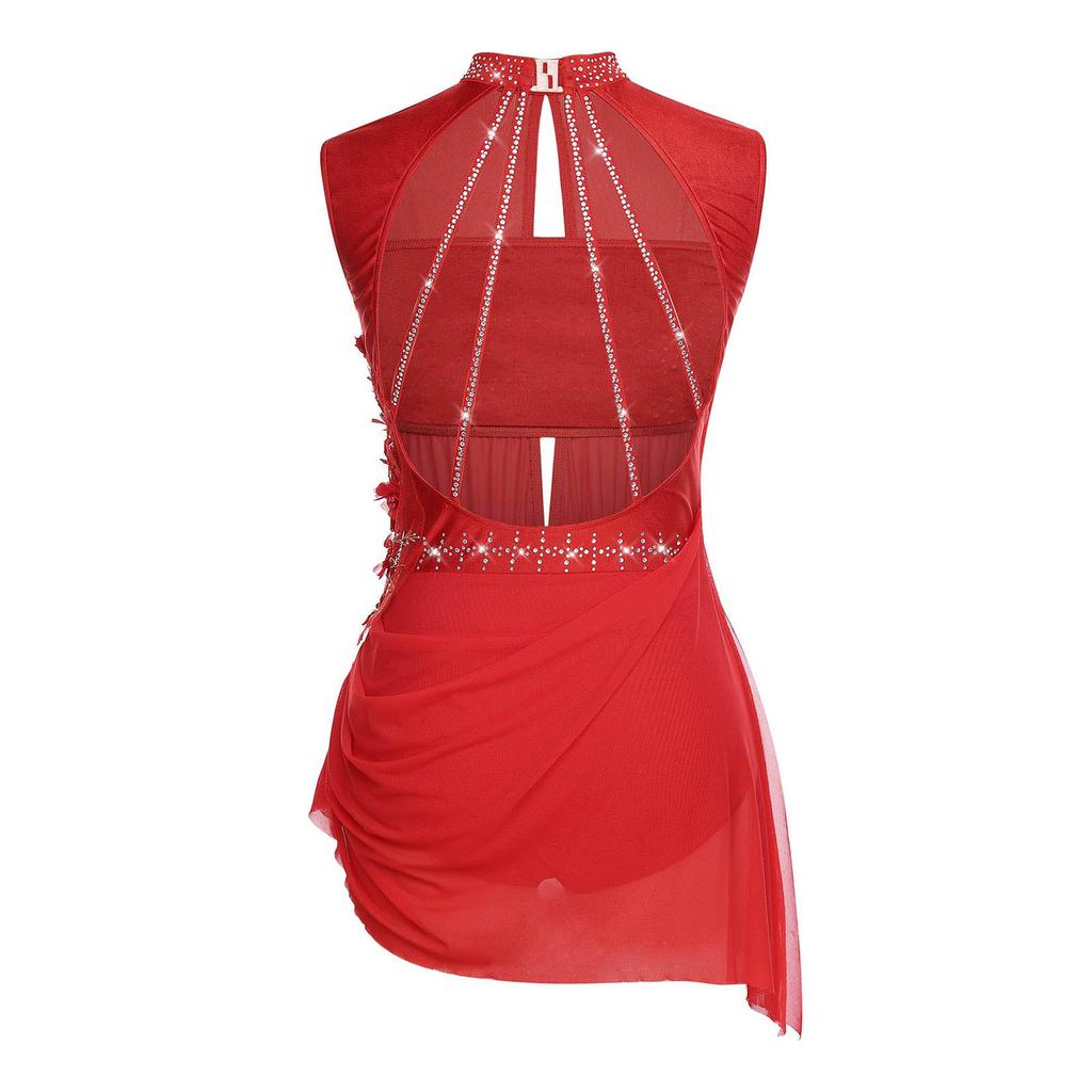 Женское платье для фигурного катания, без рукавов, с вырезом на спине, с прозрачной сеткой, аппликацией из страз, асимметричным подолом, костюм для выступлений