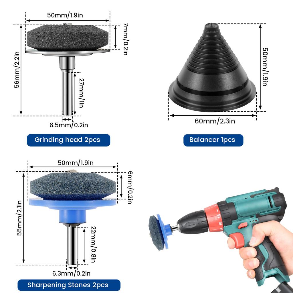 4PCS Corundum Lawn Mower Sharpener Reusable Grinding Drill Sharpener with Blade Balancer 1/4inch Shank Drill Driven