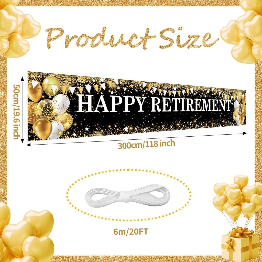 Black Gold Happy Retirement Banner for Women Man, Large Retirement Yard Sign for Porch/Fence/Lawn Decorations - Retire Party Supplies & Hanging Decor