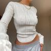 Sexy Long Sleeve Y2k Crop Tops Crinkled Textured Pullover T-Shirts Crew Neck Corset Slim Elegant White for Women Girls 23666