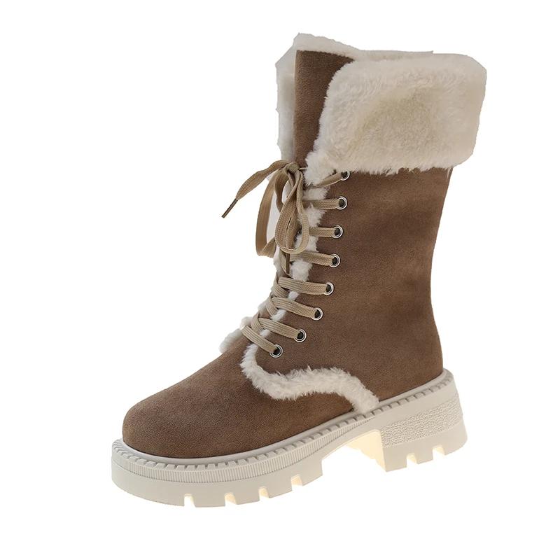 Женские замшевые сапоги на платформе до середины голени, меховые, со шнуровкой, на среднем каблуке, хлопковые туфли, тренд 2025 года, теплые, короткие, плюшевые, зимние ботинки для женщин