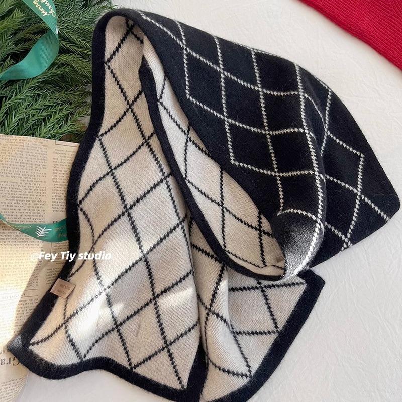 Wool 100ool Double-sided Scarf Rhombus Plaid Scarf Winter Warm Couple