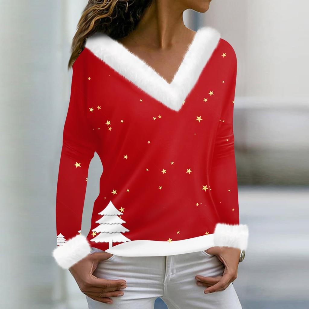 Женская мода повседневная плюшевая кофта с длинным рукавом и V-образным вырезом с рождественским принтом
