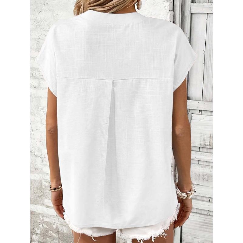 Summer Short Sleeve Loose Women Blouse New V-neck Button Retro Cotton Shirts Office Casual Simple Tops Shir… More