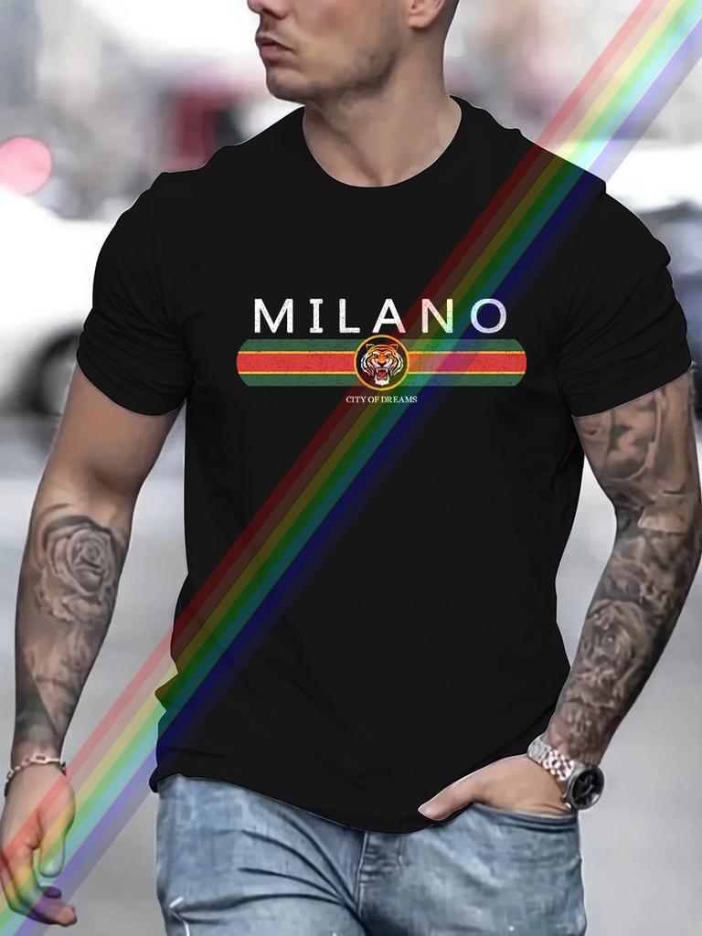 MILANO Print Men's Summer Vintage Casual Pure Cotton Oversized T-shirt Streetwear Casual Fashion Style Clothing