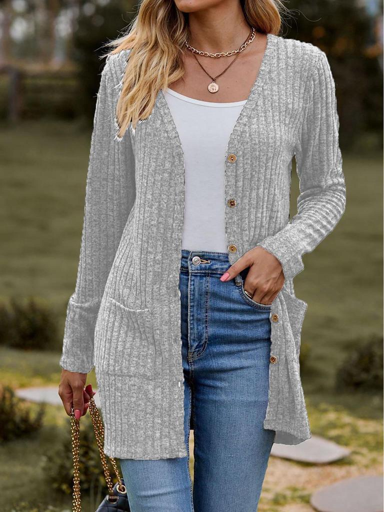 Women's  Solid Color Brushed Striped Cardigan with Buttoned Jacket Design