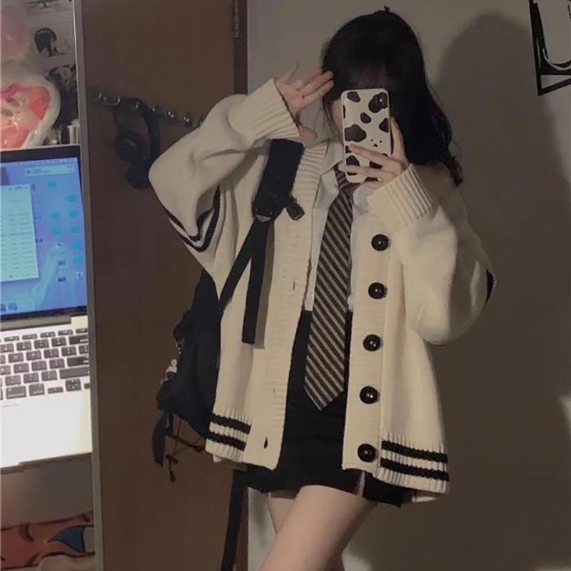 Striped Loose Cardigan Women Vintage Autumn Winter Single Breasted Sweater Streetwear Casual Korean Female Knitted Coat
