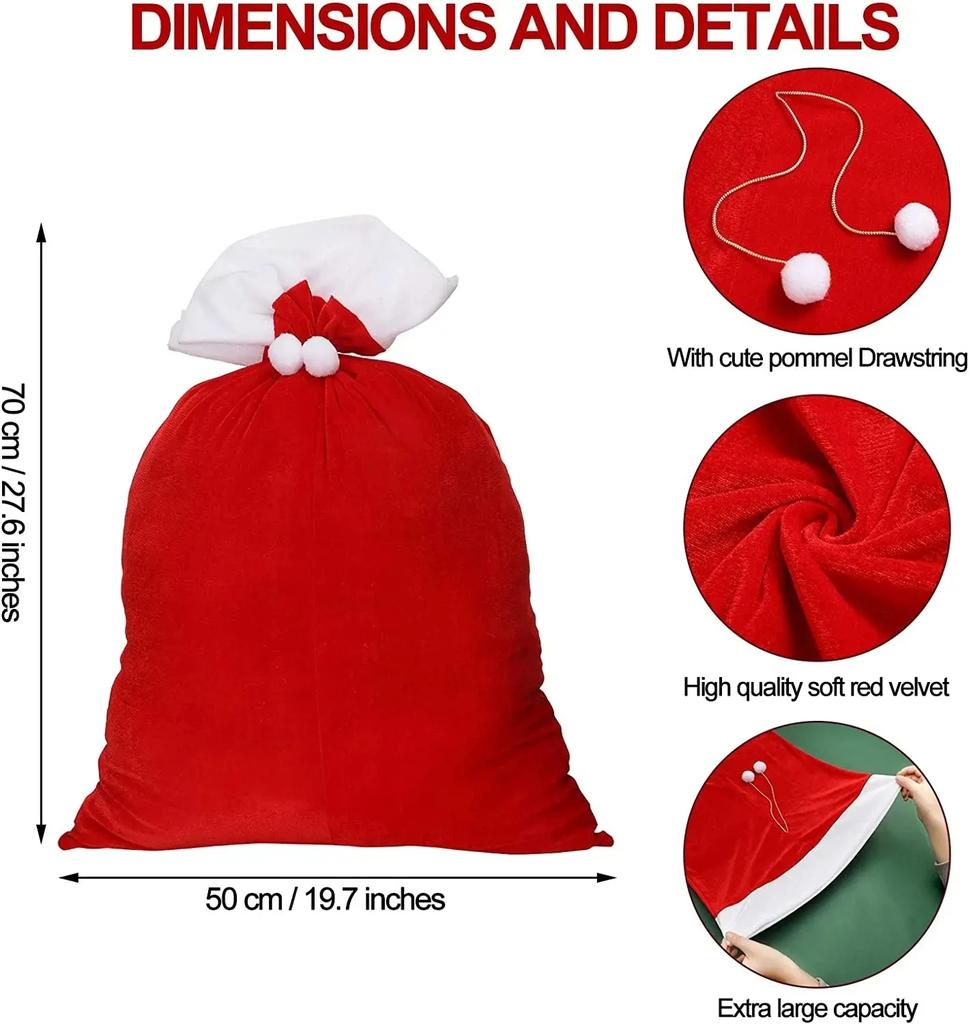 Christmas Large Santa Claus Bags with Drawstring Cord Velvet Santa's Present Sack Bags 70x50cm for Xmas Kid Gift Toys Decoration