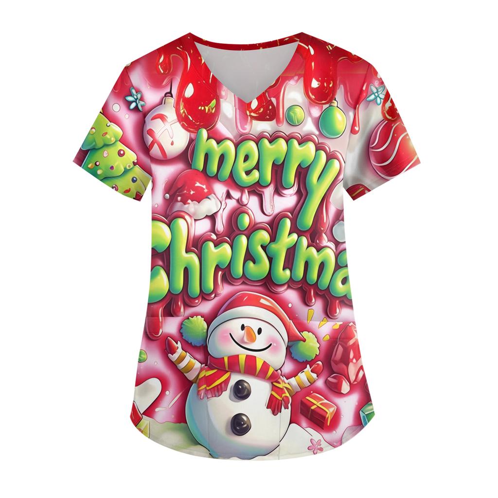 Ladies' Christmas Printed Fashionable V-neck Pocket Short Sleeved Uniform And Caregiver Top