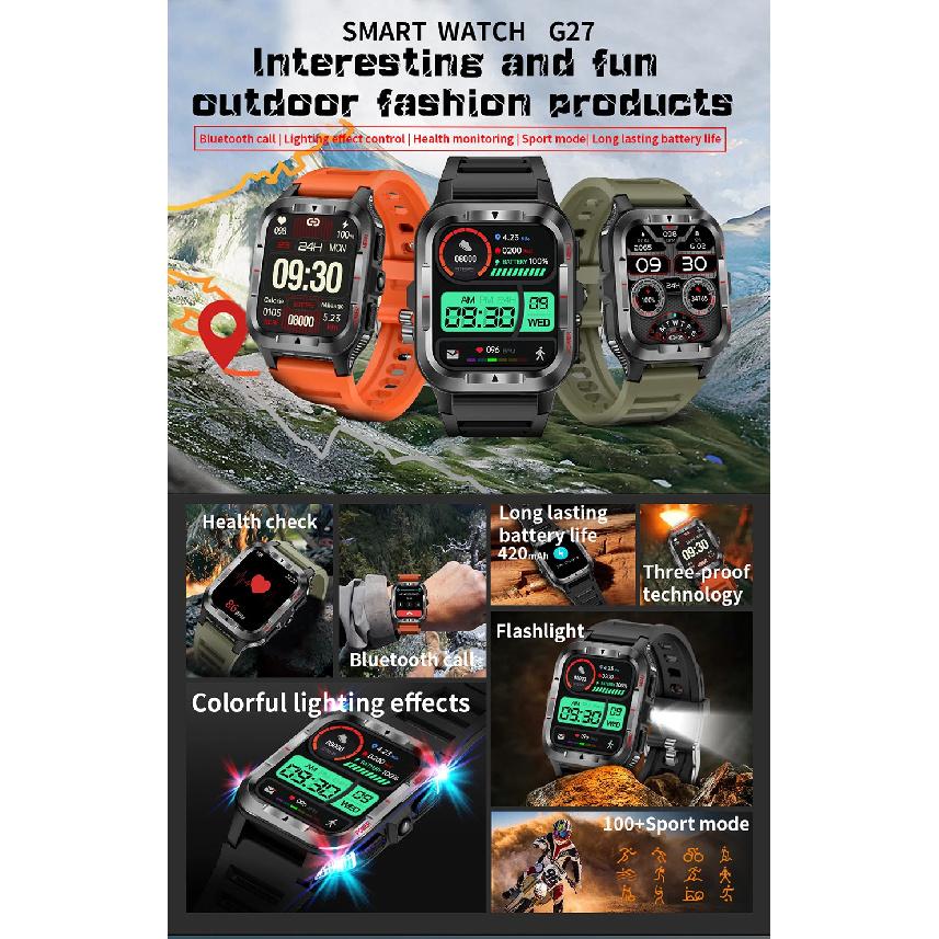Military Grade SmartWatch Men LED flashlight Waterproof Sports Fitness Tracker Health Monitor BT Call Smartwatch For Android iOS