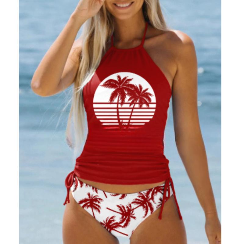 Женский купальник-бикини-танкини синего цвета с принтом кокосовой пальмы