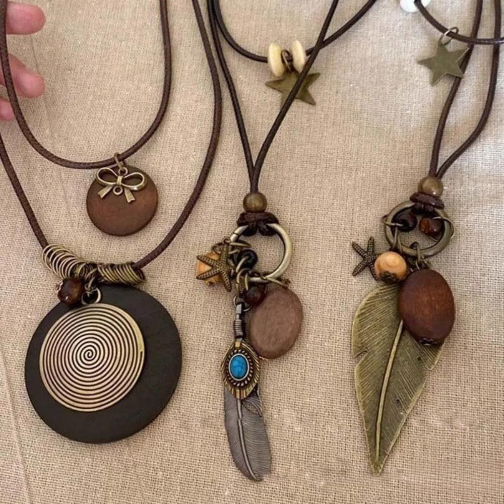 New Chinese Style Feather Leaf Pendant Necklace Vintage Sweater Chain Long Ropse Necklace  Women