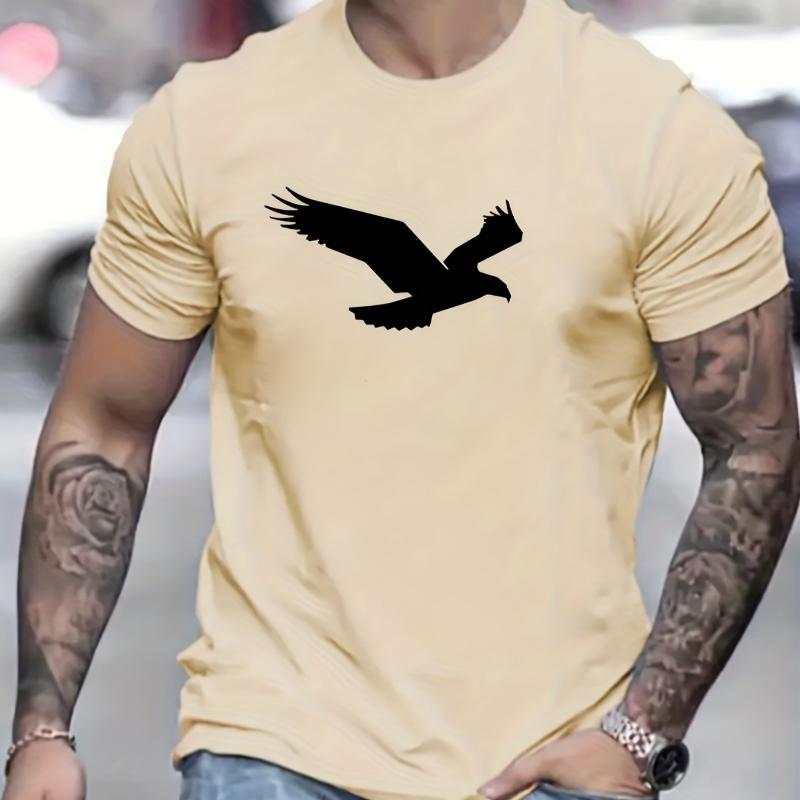 2024 Summer New Men's Simple Fashion Loose T-Shirt Eagle Print Round Neck Solid Color Short-Sleeved T-Shirt Casual Daily Tops