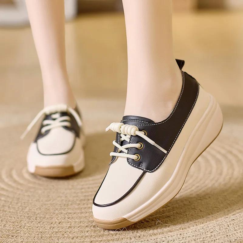 Fashion Women Fashion Platform Flats Sneakers  Autumn Breathable Lace Up Wedge Sport Shoes Comfort Soft Leather Travel Casual Shoes