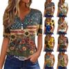 Women Casual V Neck Short Sleeve T Shirt Button Detail Sunflower Print Lightweight Summer Top for Everyday Wear