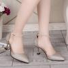 Korean Version of Summer New Celebrity Shallow Mouth Pointed Head Medium Heel High Heels Women's Shoes Pearl Hollow Stiletto Cat Heel Single Shoes