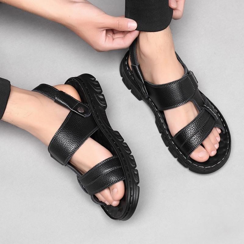 2024 Летние новые черно-коричневые нескользящие сандалии из натуральной кожи, мужские тапочки с мягкой подошвой, сандалии двойного назначения, мужские сандалии на платформе