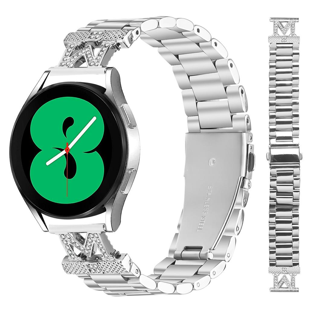For Samsung Galaxy Watch 42mm Strap Rhinestones Decor 3-Bead Silver Stainless Steel Watch Band