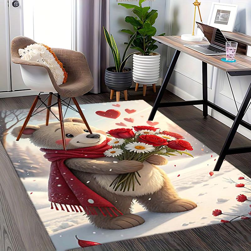 1pc Anime Cartoon Design Valentine's Day Gift - Teddy Bear with Red Roses and Hearts Office Chair Mat Non-Slip Carpet Suitable for Home Decor Living R