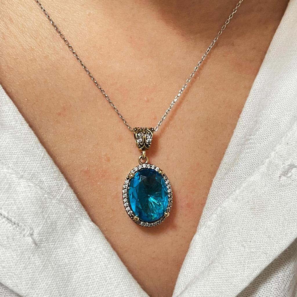 Серебряный кулон с аквамариновым камнем, ожерелье из стерлингового серебра, кулон в стиле султана Хюррем, ювелирные изделия с аквамариновым камнем, турецкие украшения