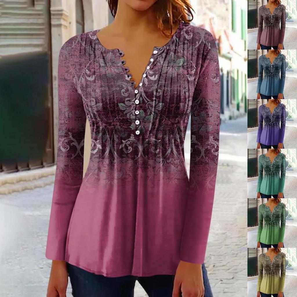 Women's Printed Button Collar Pleated Printed Long Sleeves Holiday Basics Tunic Slim Tops Printed Ethnic Tops T-Shirts V Neck Pullover Tops Pullovers