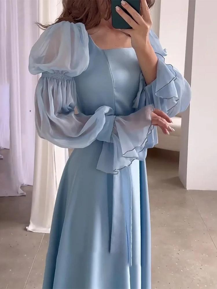 Элегантная женская уличная одежда, женское шифоновое атласное вечернее платье, однотонное квадратное воротниковое колье с поясом, расклешенные рукава, плиссированные женские платья