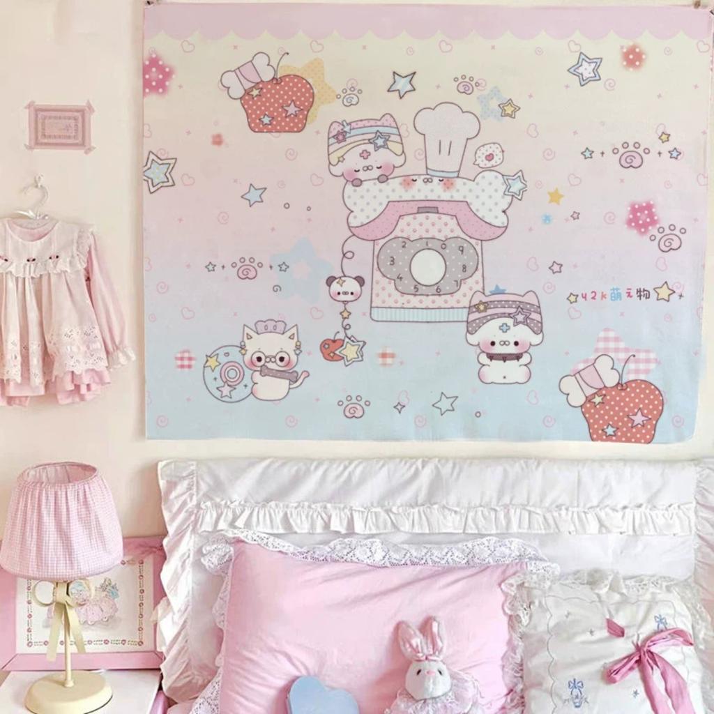 Kawaii Pink Blue Gradient Cartoon Tapestry, Cute Chef Animal Wall Hanging, Pastel Aesthetic Background Cloth for Girls Bedroom