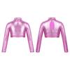 Kids Girls Long Sleeve Top T-Shirts Mock Neck Glossy Metallic Crop Top Fitness Dancwear Stage Performance