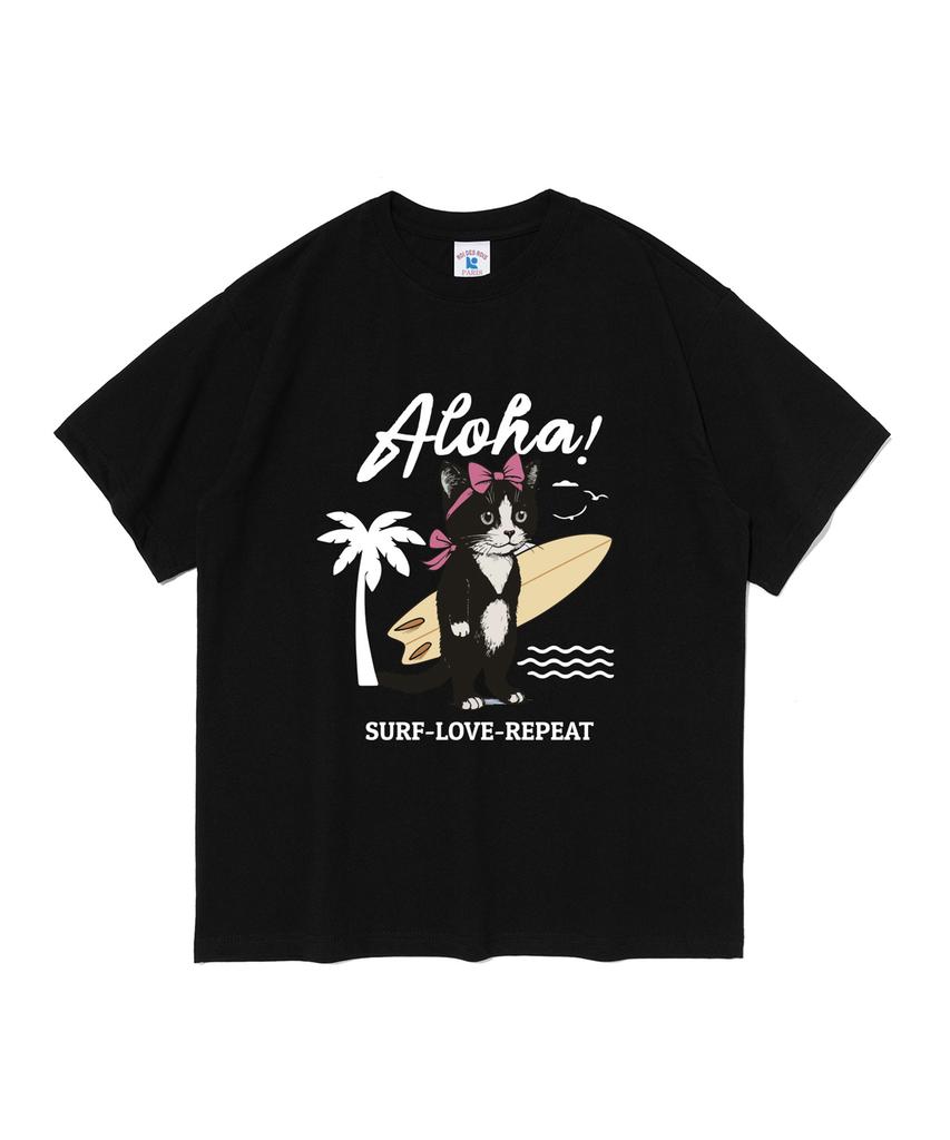 ROIDESROIS Aloha Kitten Cat Print Short Sleeve T-Shirt (Black)
