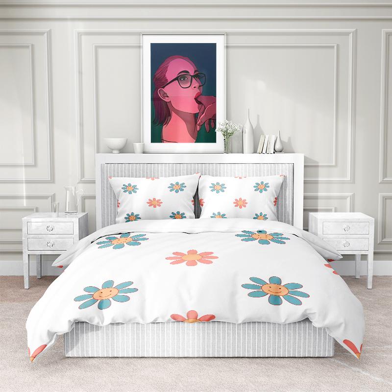White Flowers Style - Digital Printed Duvet Set - Polyester - Bedroom Decor -1 Bed Cover +2 Pillowcases (no Pillow Core)
