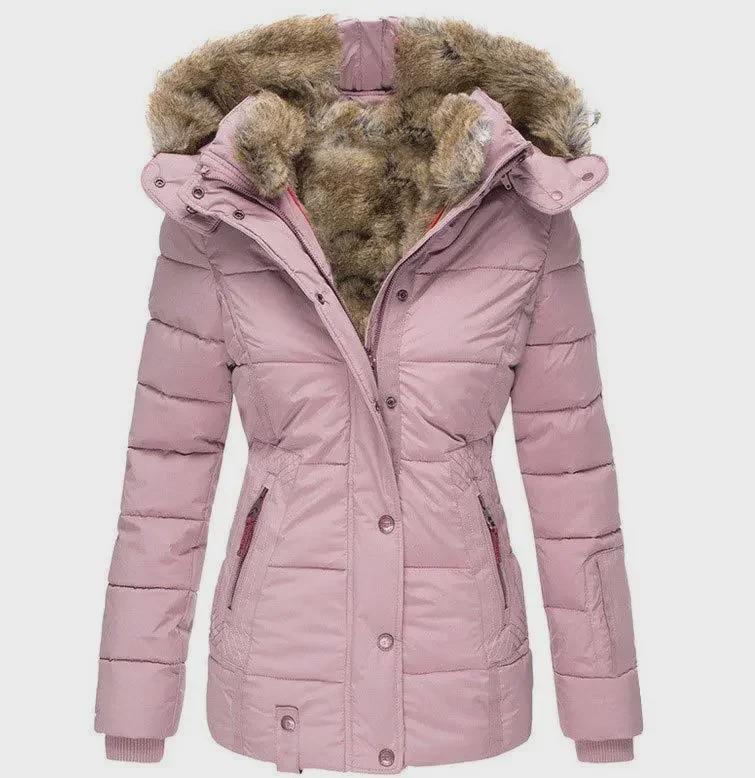 Women's Slim Fit Hooded Winter Jacket with Fur Collar and Zipper Closure