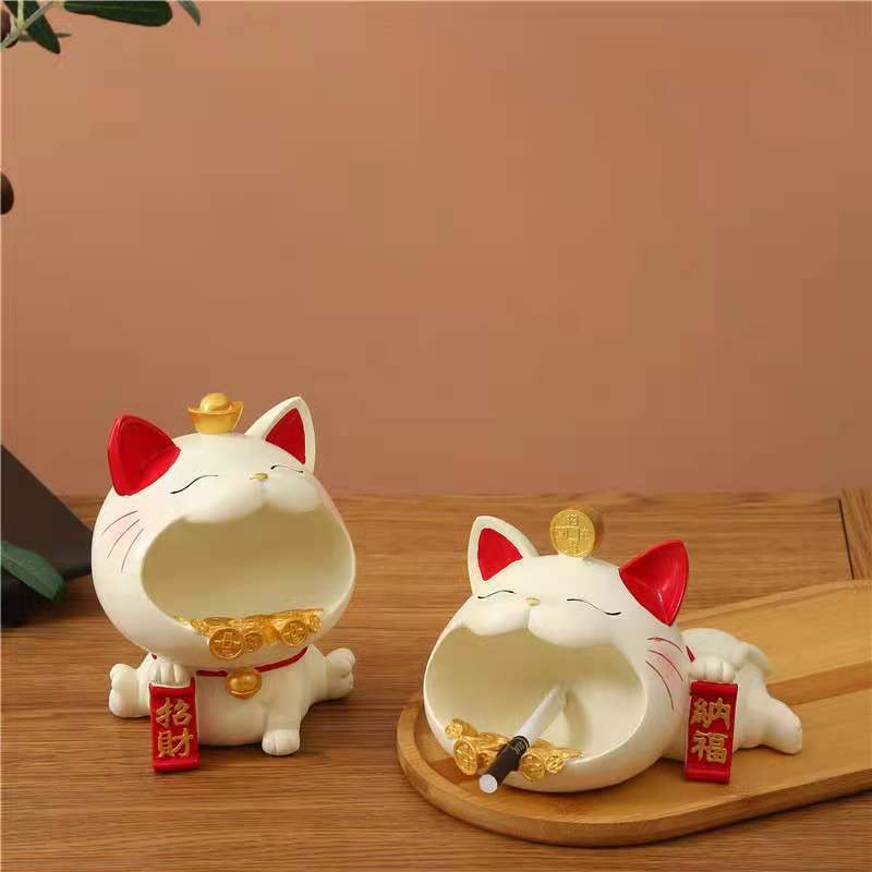 Lucky Cat Storage Tray Statue Resin Sculpture Sundries Candy Storage Box Fortune Cat Figurine Key Holder Living Room Home Decor