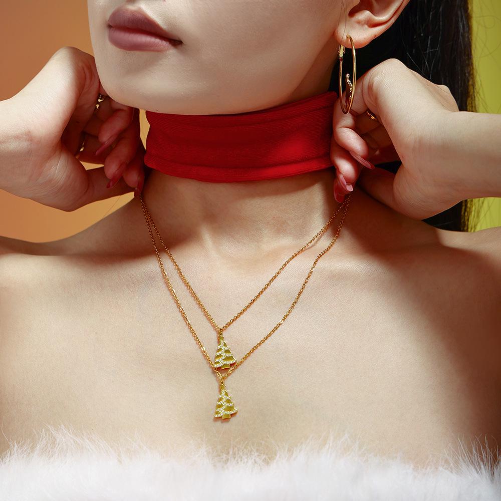 Gold-Plated Sugar Cube Christmas Tree Pendant Necklace with Zircon Inlay - Romantic Gift for Girlfriend