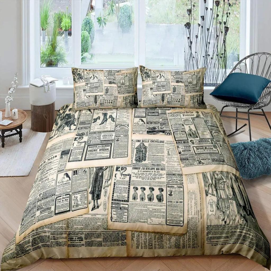 Old Newspaper Duvet Cover Vintage French Bedding Set Brown Quilt Cover For Boys Girls Teen QueenKing Microfiber Comforter Cover