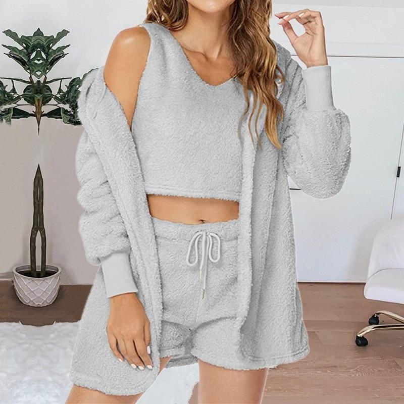Home Wear Long Sleeved Plush Casual Three Piece Set Jacket Vest Shorts Sports Suit